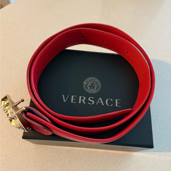 Versace Red Belt with Gold Medusa Buckle - Picture 3 of 6